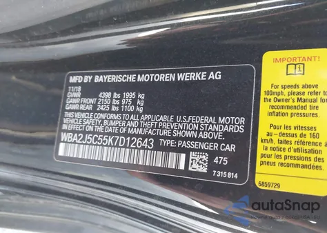 2019 BMW M240I from USA, damaged, VIN WBA2J5C55K7D12643